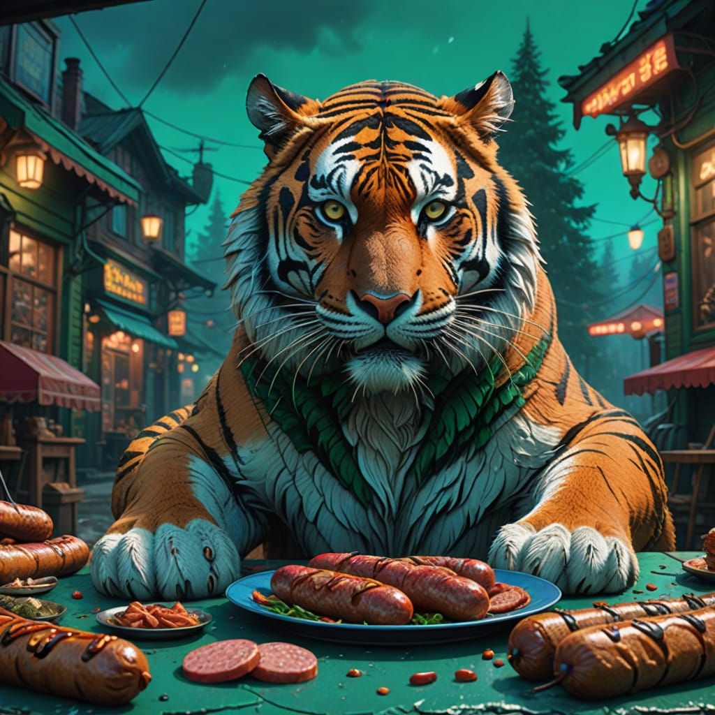 A tiger eating sausages.