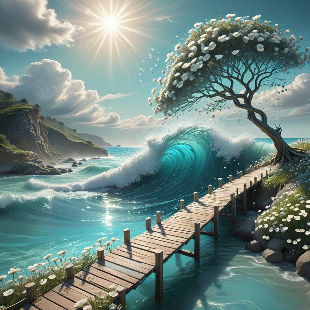 Surreal Coastal Scene with Dreamy Waves and Vibrant Flowers