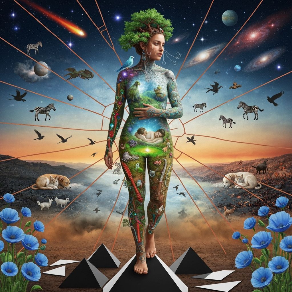 Mystical Woman With Ecosystem Body and Cosmic Sky