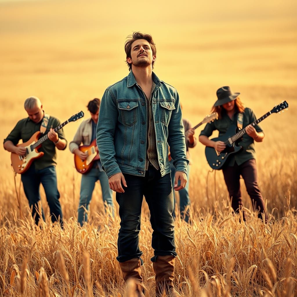 Band Performs in Rustic Wheat-Colored Landscape