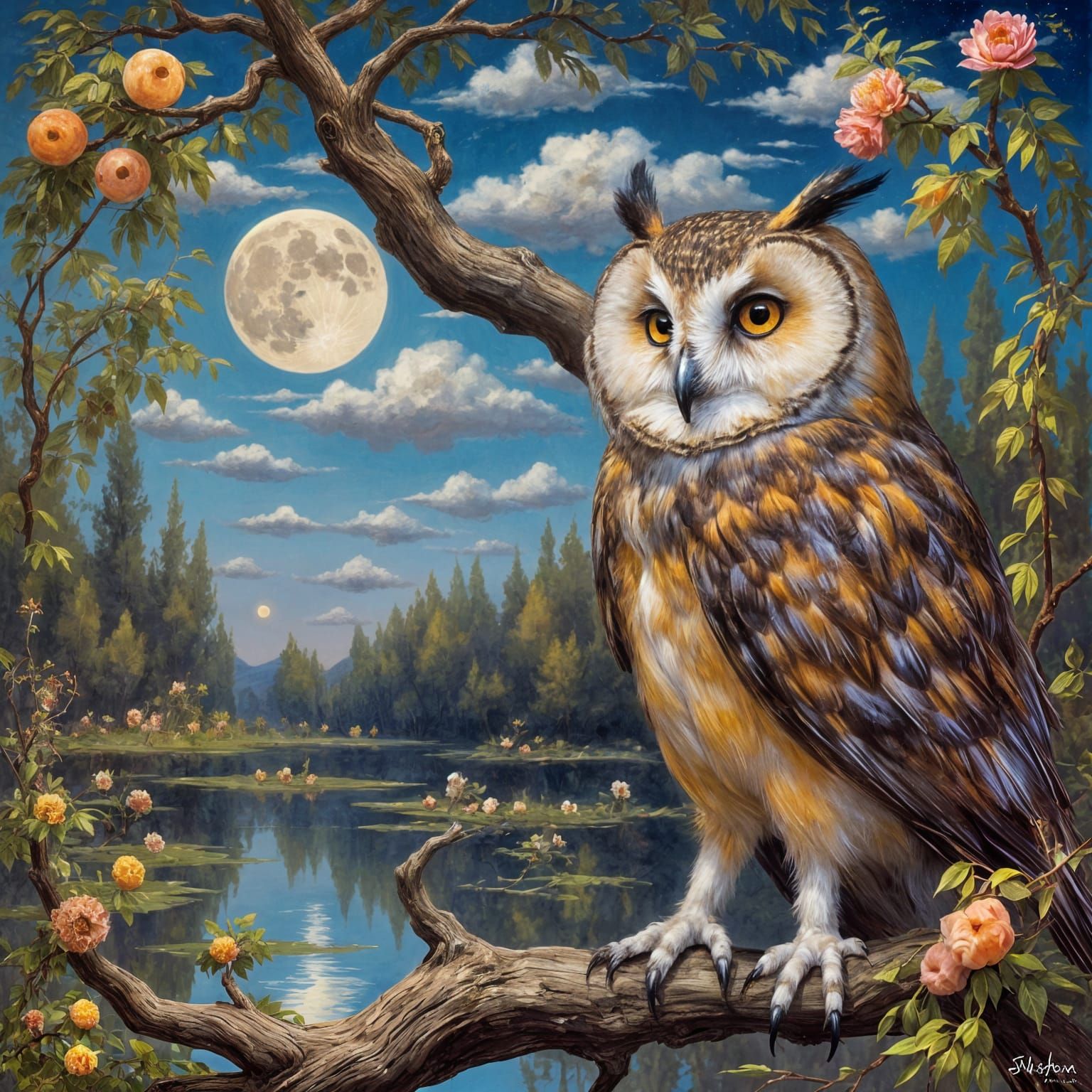 Owl Under Moon in Dreamy Gouache Style