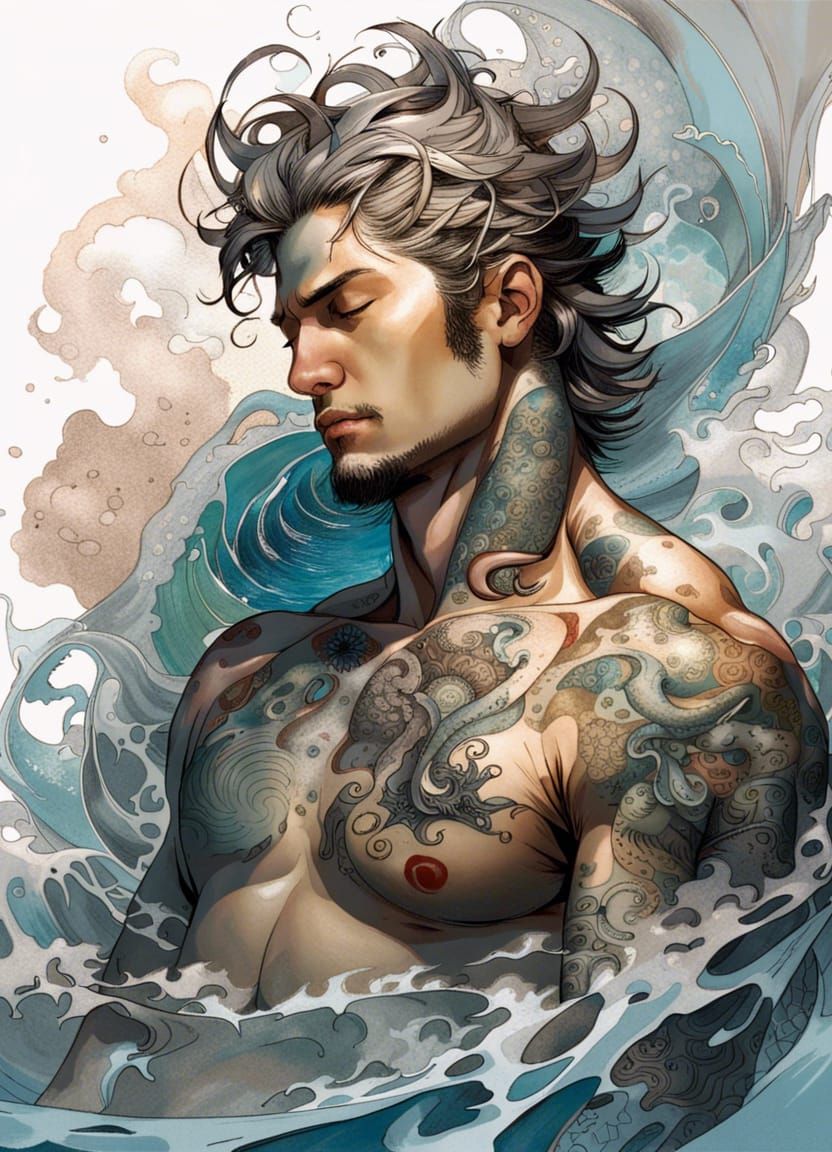 Wave Tattooed God of Water Sleeping