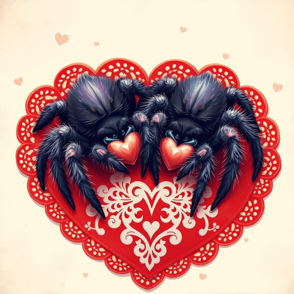 Whimsical Valentine Tarantulas in Vintage Lace Setting