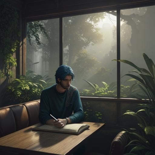 Contemplative Man in Cafe, Stalenhag Style