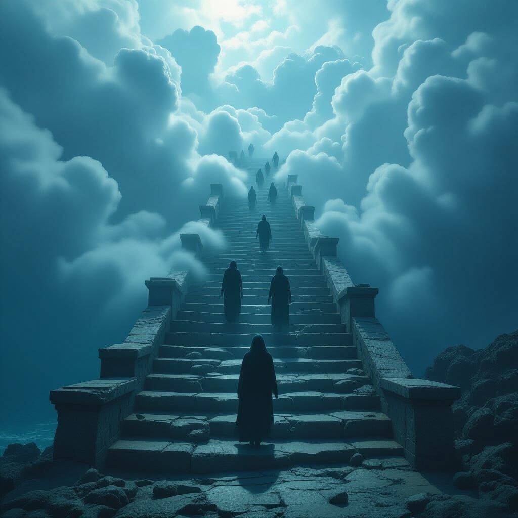Shadow People Ascend Stone Staircase to Clouds