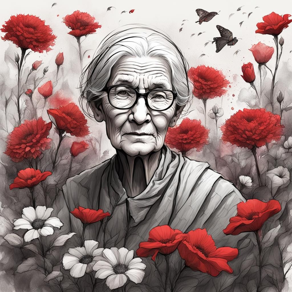 Red Charcoal Sketch: Inspiring Old Lady with Flowers