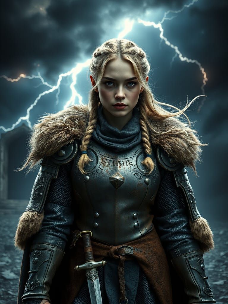 Ethereal Knightess Stands Vigilant in Stormy Night