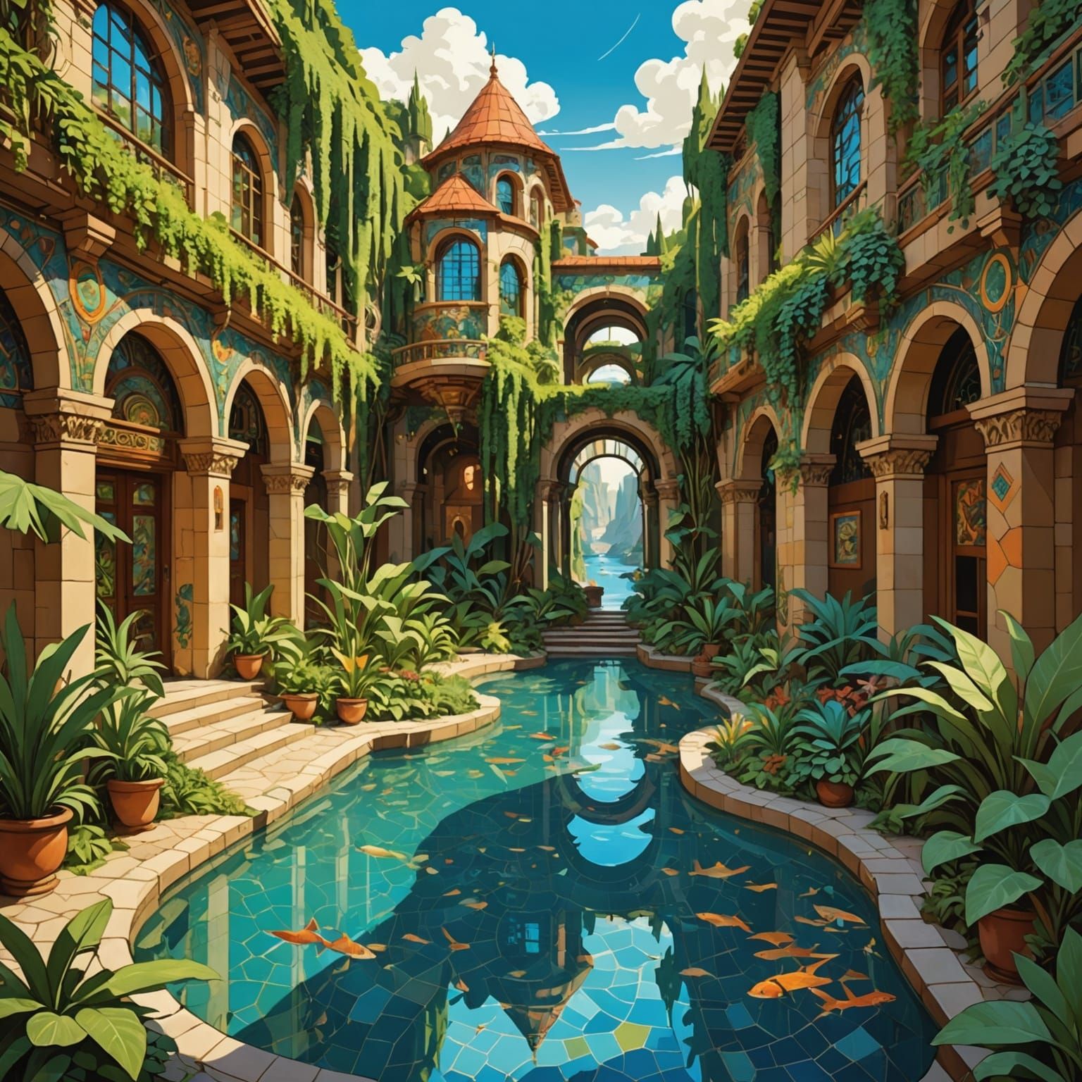 Futuristic Oasis in Metropolis: Vintage Travel Poster Style