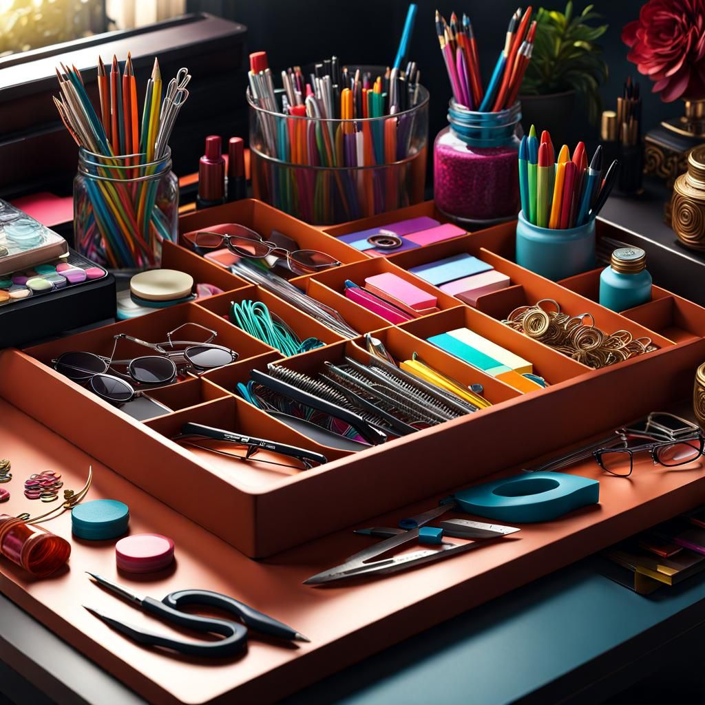 Maximalist Desk Drawer: Detailed Matte Painting