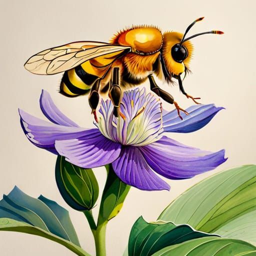 Honeybee on Hellebore Flower Gouache Painting