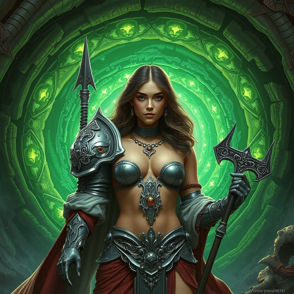 Armored Woman and Knight Before Emerald Portal in Digital Ar...