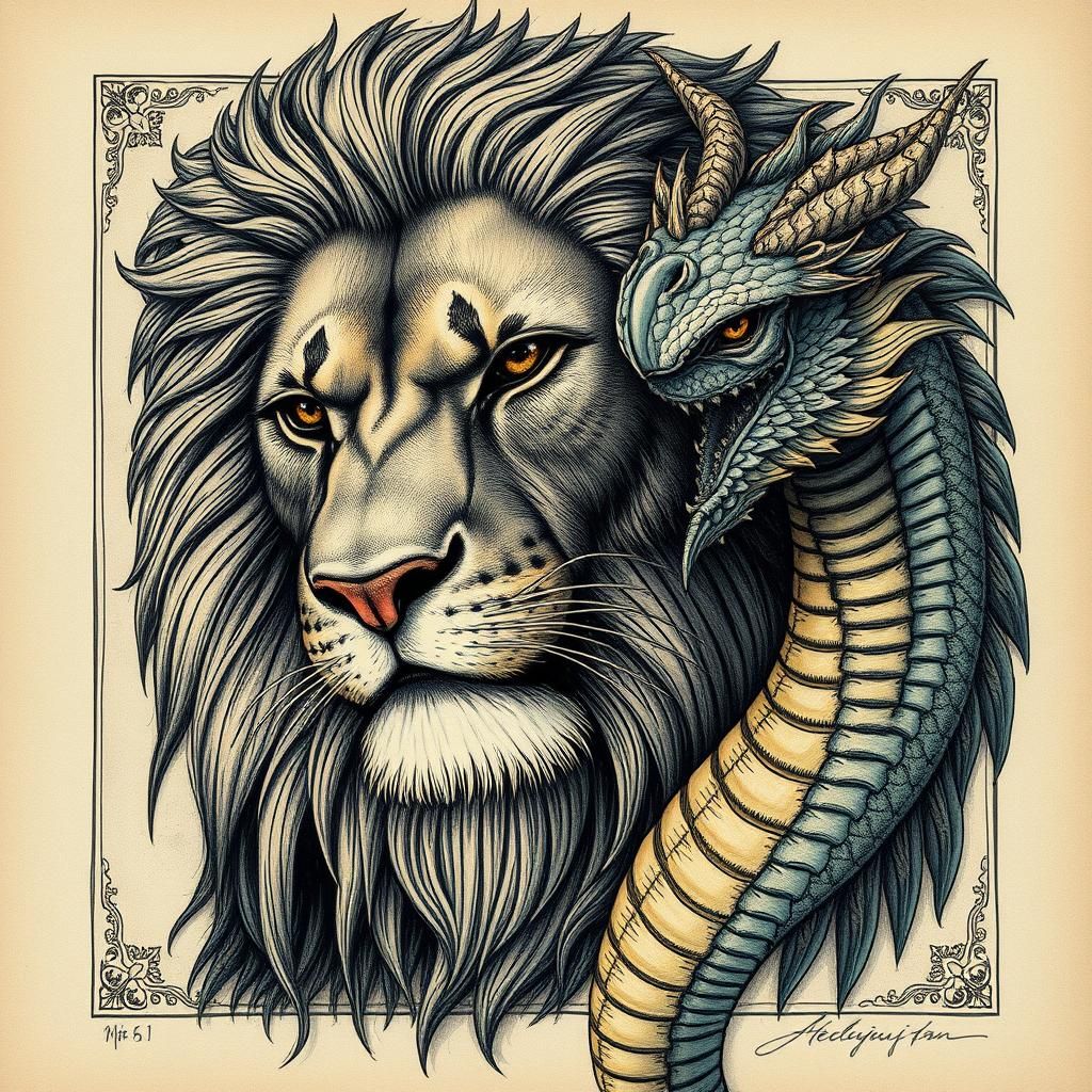 Lion and Dragon Portrait in Leonardo da Vinci Style