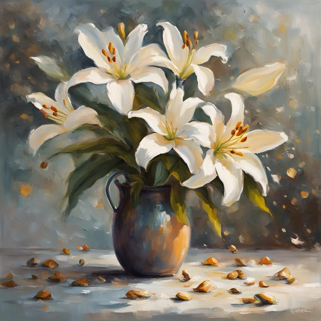 White Lilies with Gold Bees in Ethereal Oil Painting