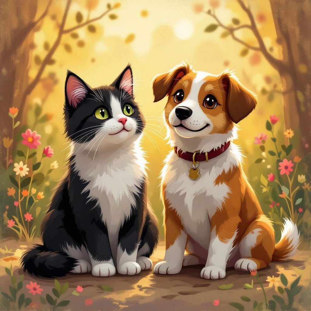 Cat and Dog in Warm Sunlight, Beatrix Potter Style