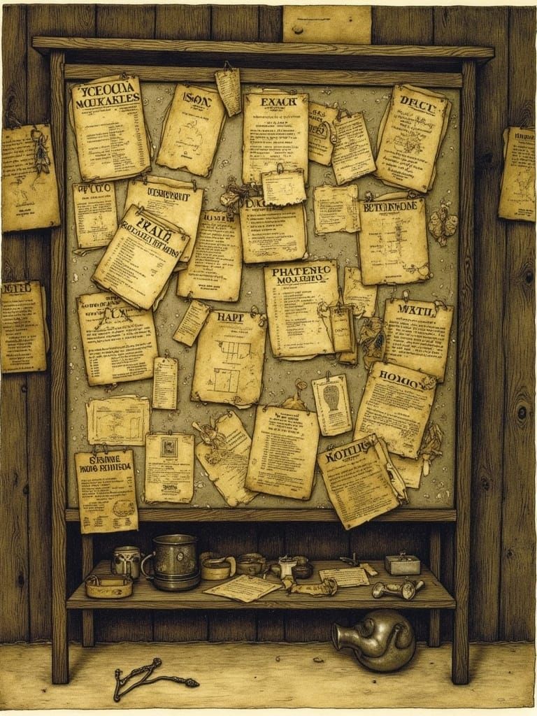 Tattered Wanted Posters on Weathered Bulletin Board