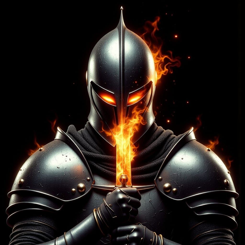 Knight Portrait with Fiery Helmet and Glass Sword
