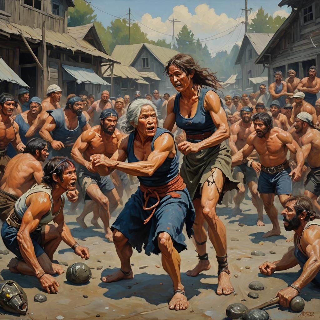 Fishwife Wrestling Scene as Oil Painting