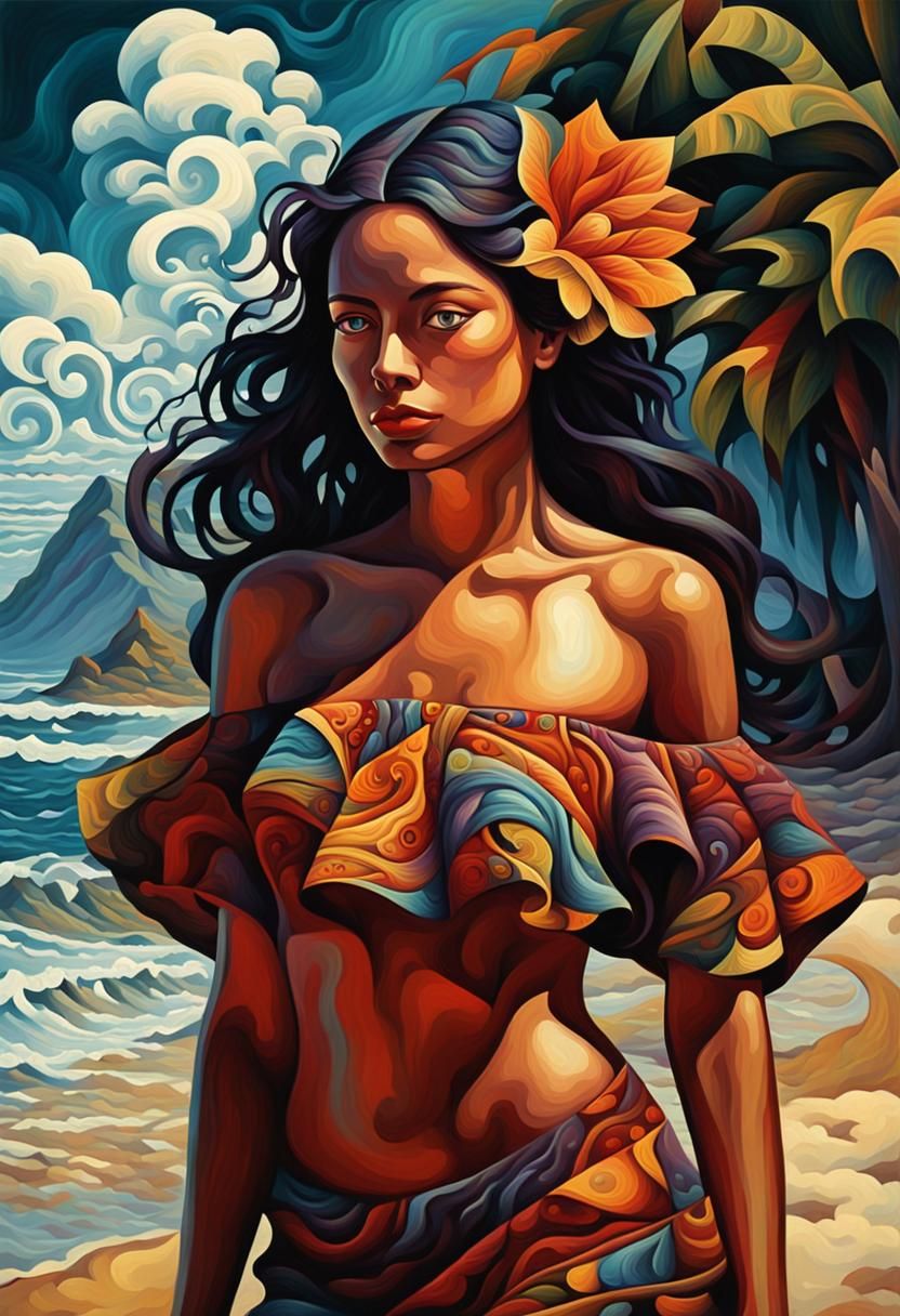 Island Woman: Post-Impressionist Oil Painting with Escher Ge...
