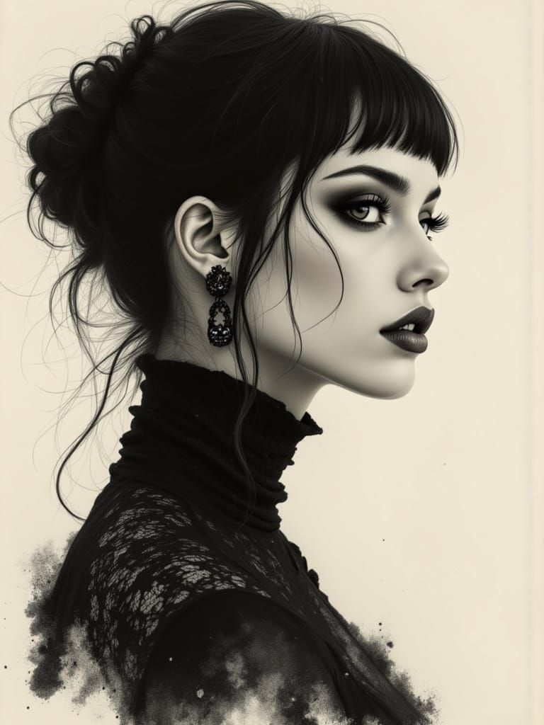 Elegant Goth Girl Portrait in Charcoal Style