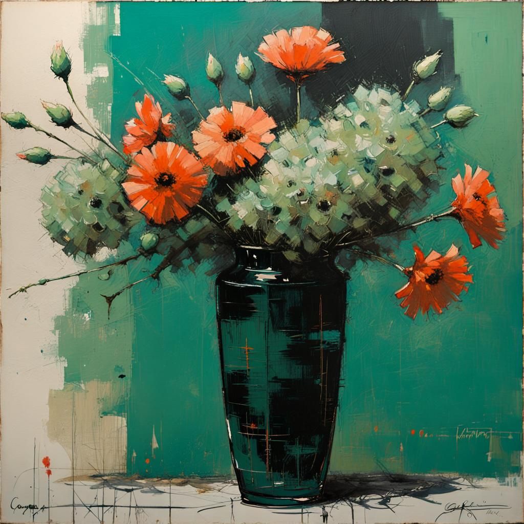 Vase of Flowers Still Life in Oil Painting Style