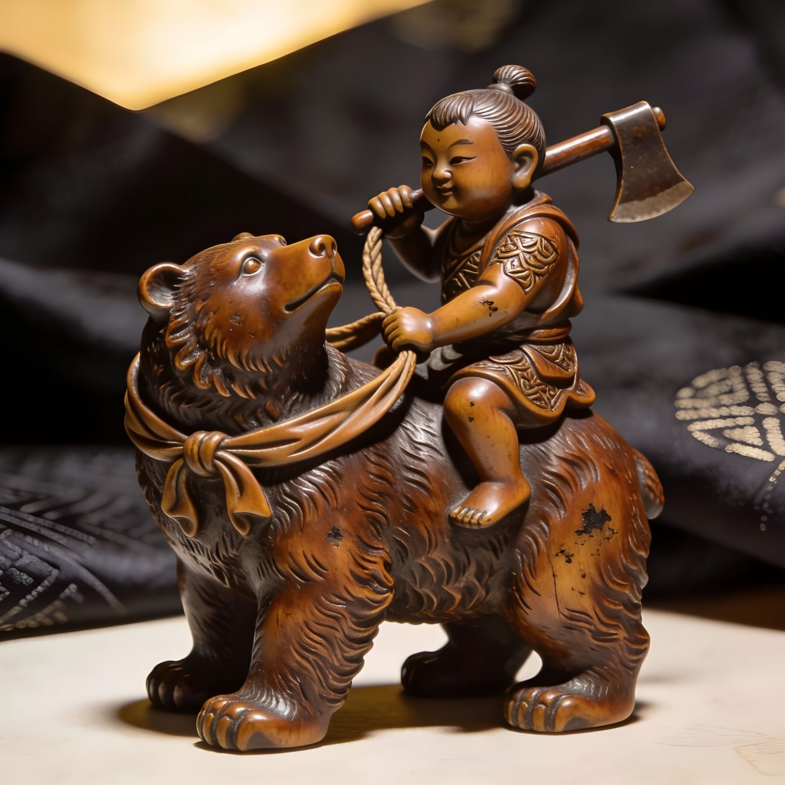 Antique Japanese Netsuke: Kintaro Rides a Magic Bear
