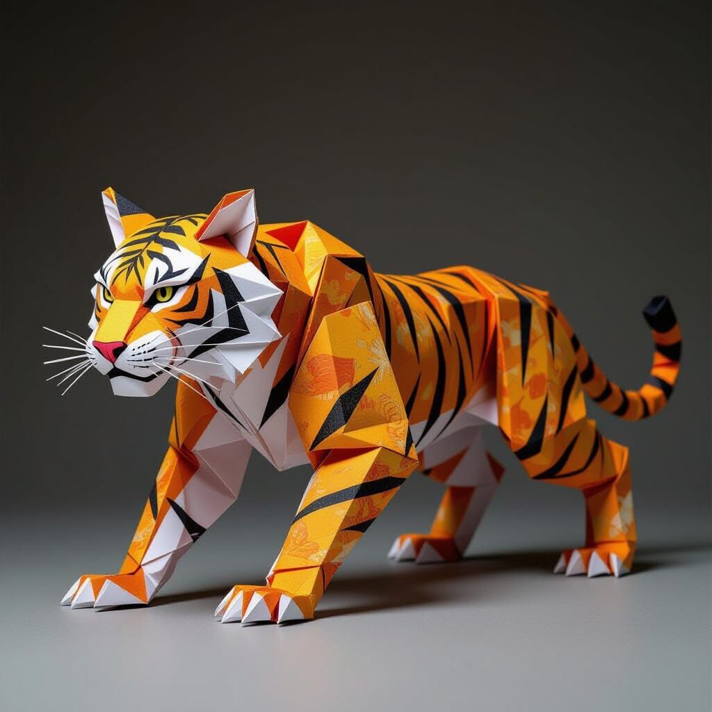 Elegant Origami Tiger in Mid-Pounce with Vibrant Colors