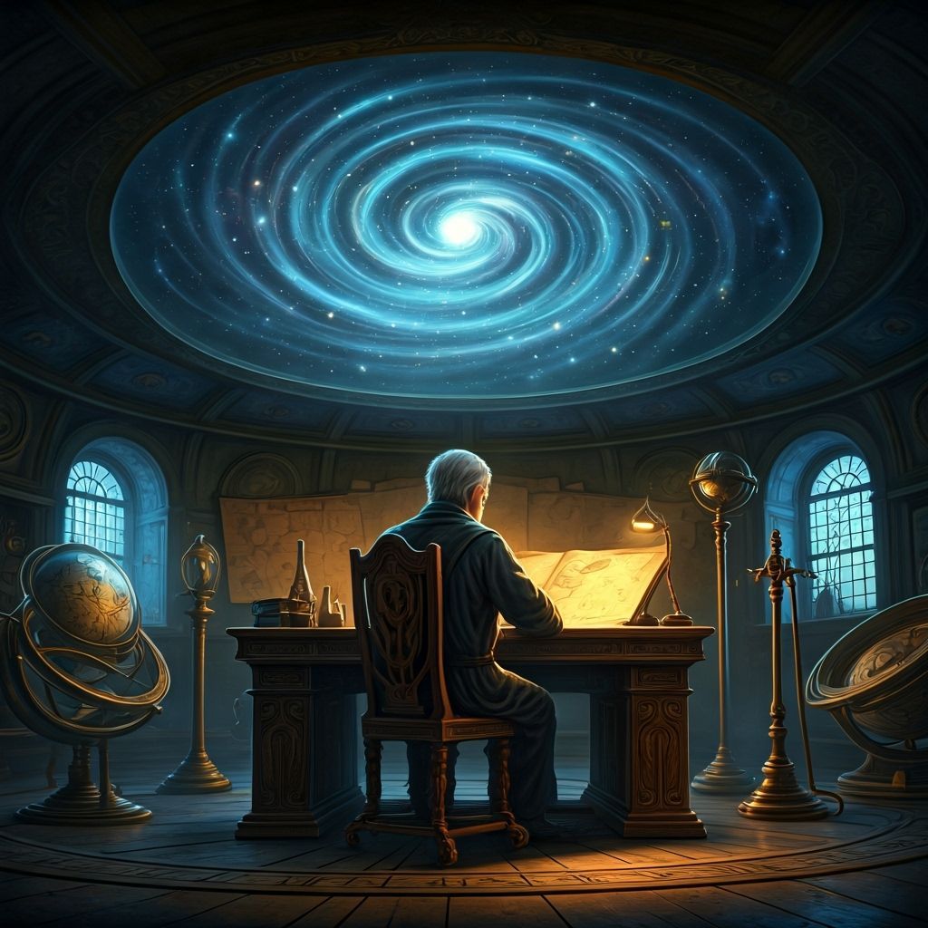 Hyperrealistic Scholar in Stardust Observatory