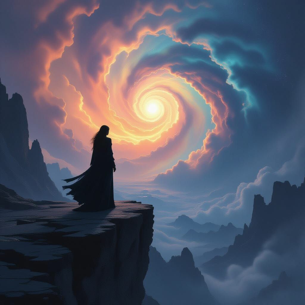 Woman on Precipice Overlooking Cosmic Nebula