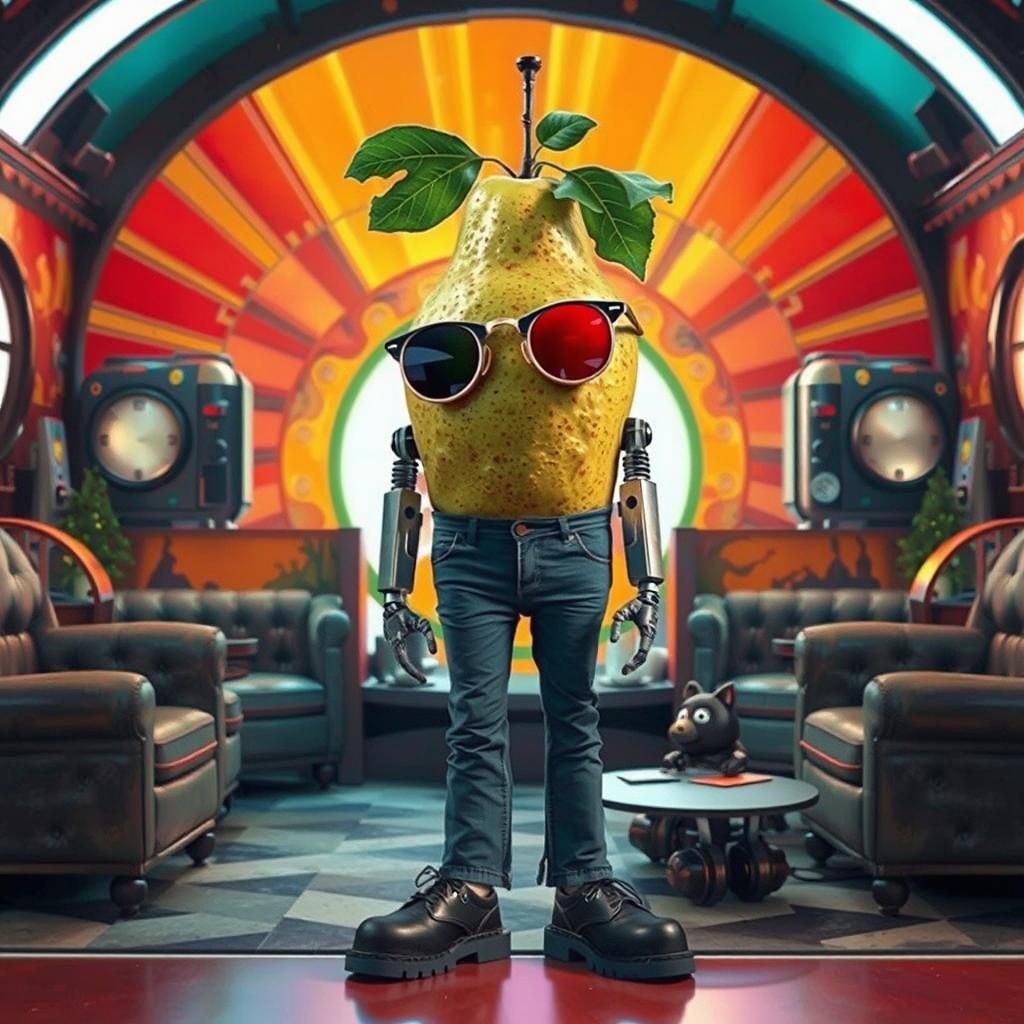 Biopunk Pear at Groovy Restaurant in 1970s Sitcom