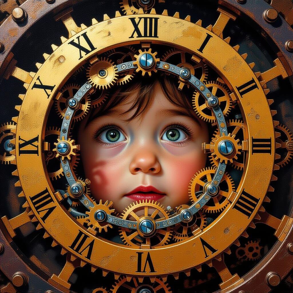 Child's Fascination: Clockwork Mechanism in Oil Painting