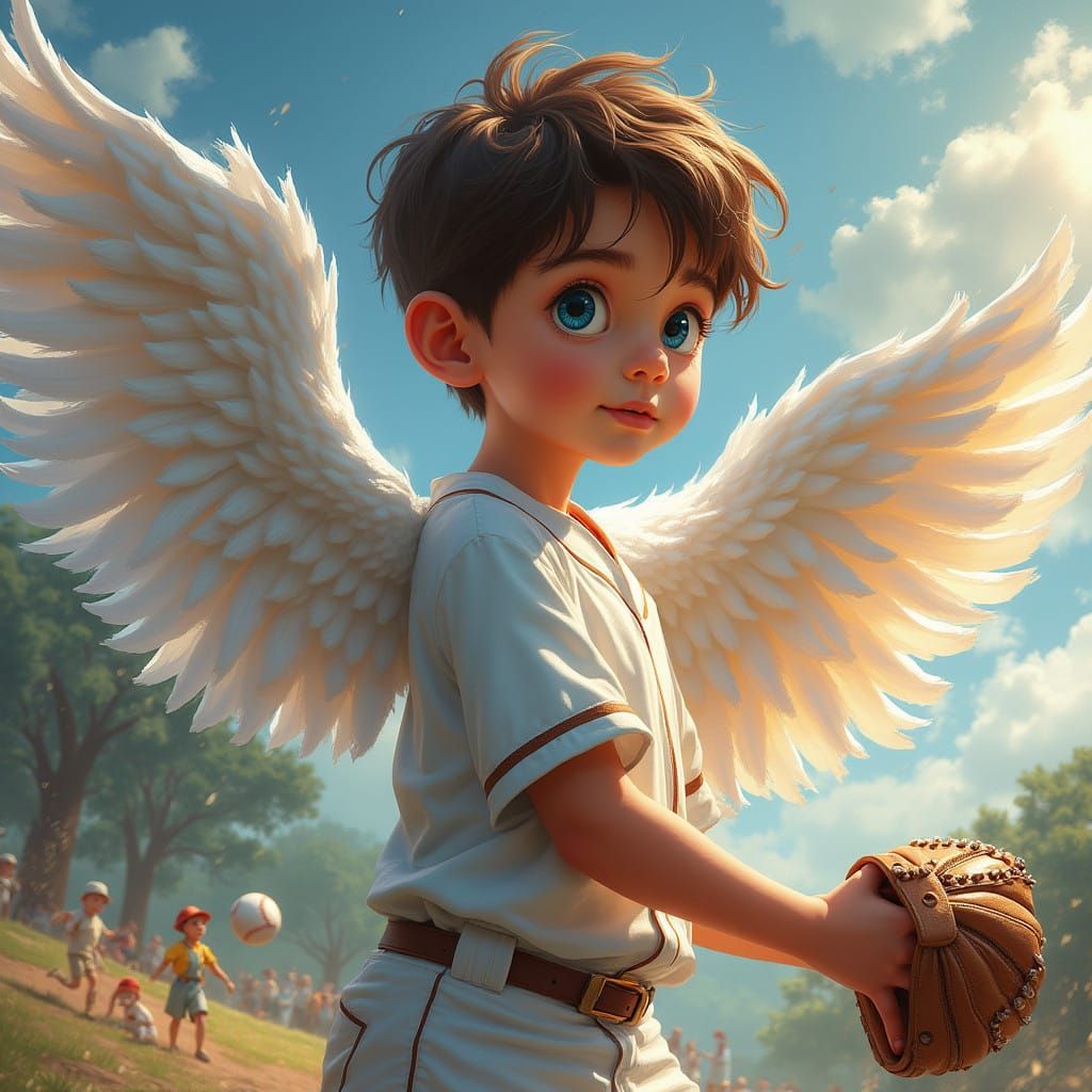 Sweet Boy Plays Baseball with Wings of Heaven
