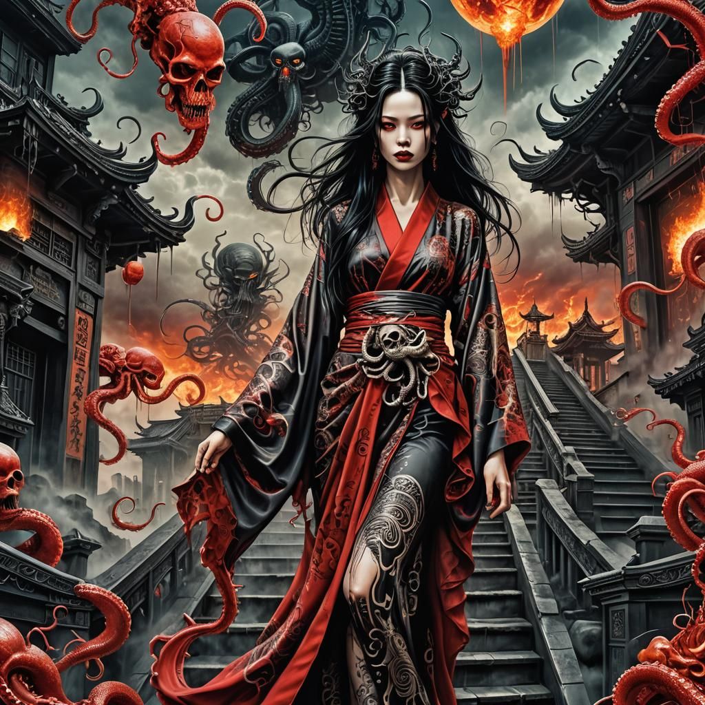 Surreal Demon Ascends Burning Stairway in Sinister Style