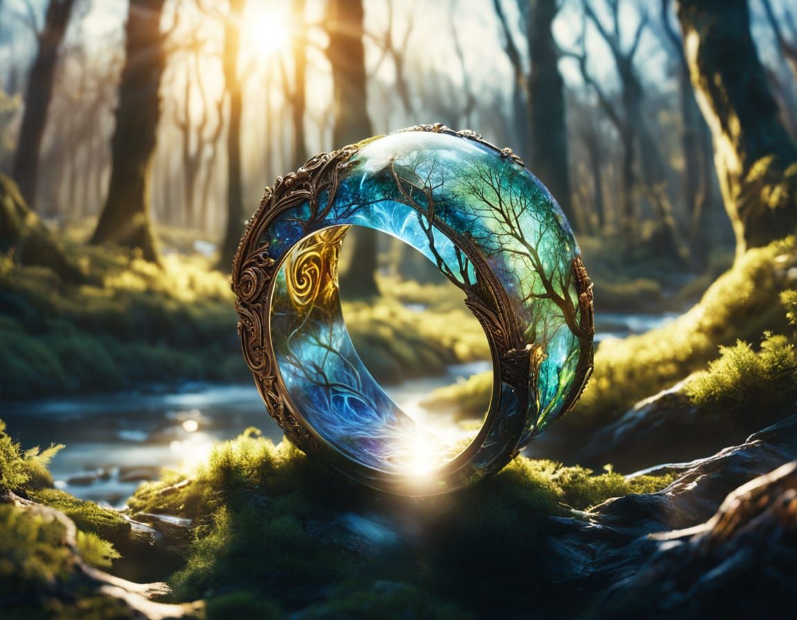 Elven Ring with Luminescent Glow in Sunrise Forest