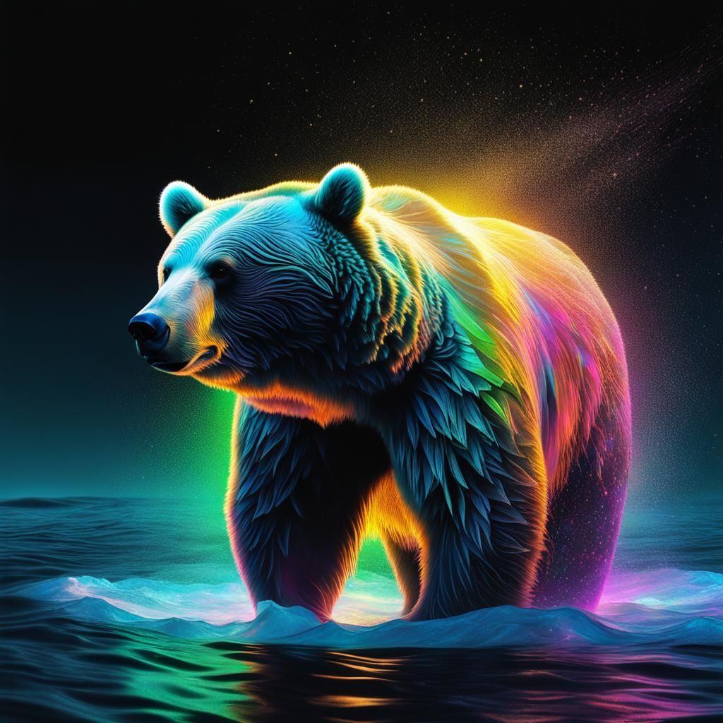 Bioluminescent Bear in Dichroic Ocean, 3D Render