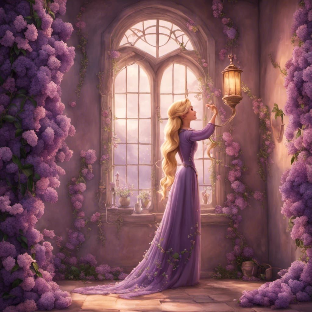 Rapunzel in Tower Room with Lilac Flowers