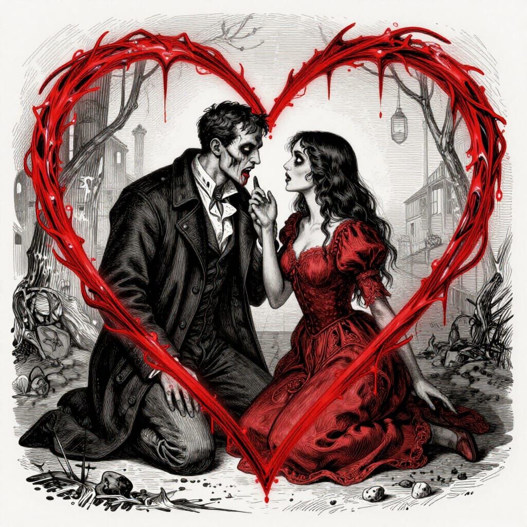 Haunting Valentine's Day Horror Scene in Gustave Doré Style