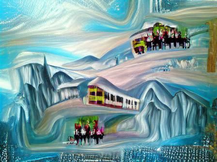 Train on Mountain with Ice Skaters: Acrylic Art