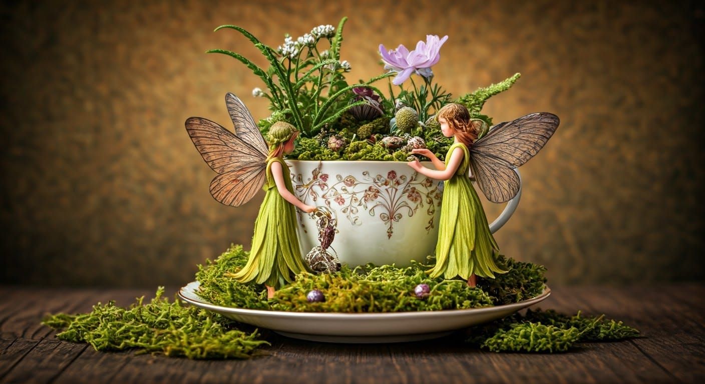 Enchanted Teacup Garden with Fairies in Folk-Art Style