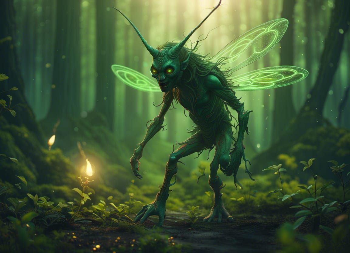 Devilish Firefly Creature on Green Planet: Fantasy Art