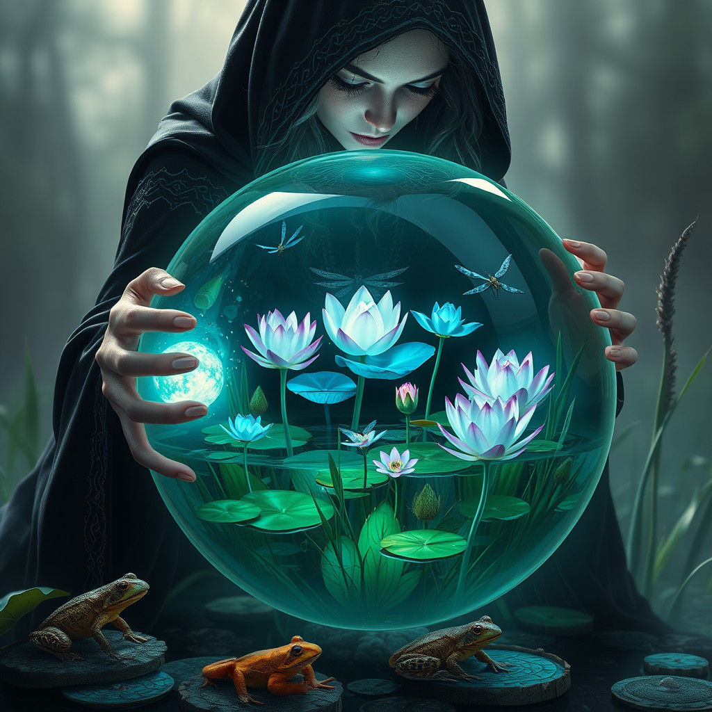 Witch Observes Lotus Pond Ecosystem in Potion