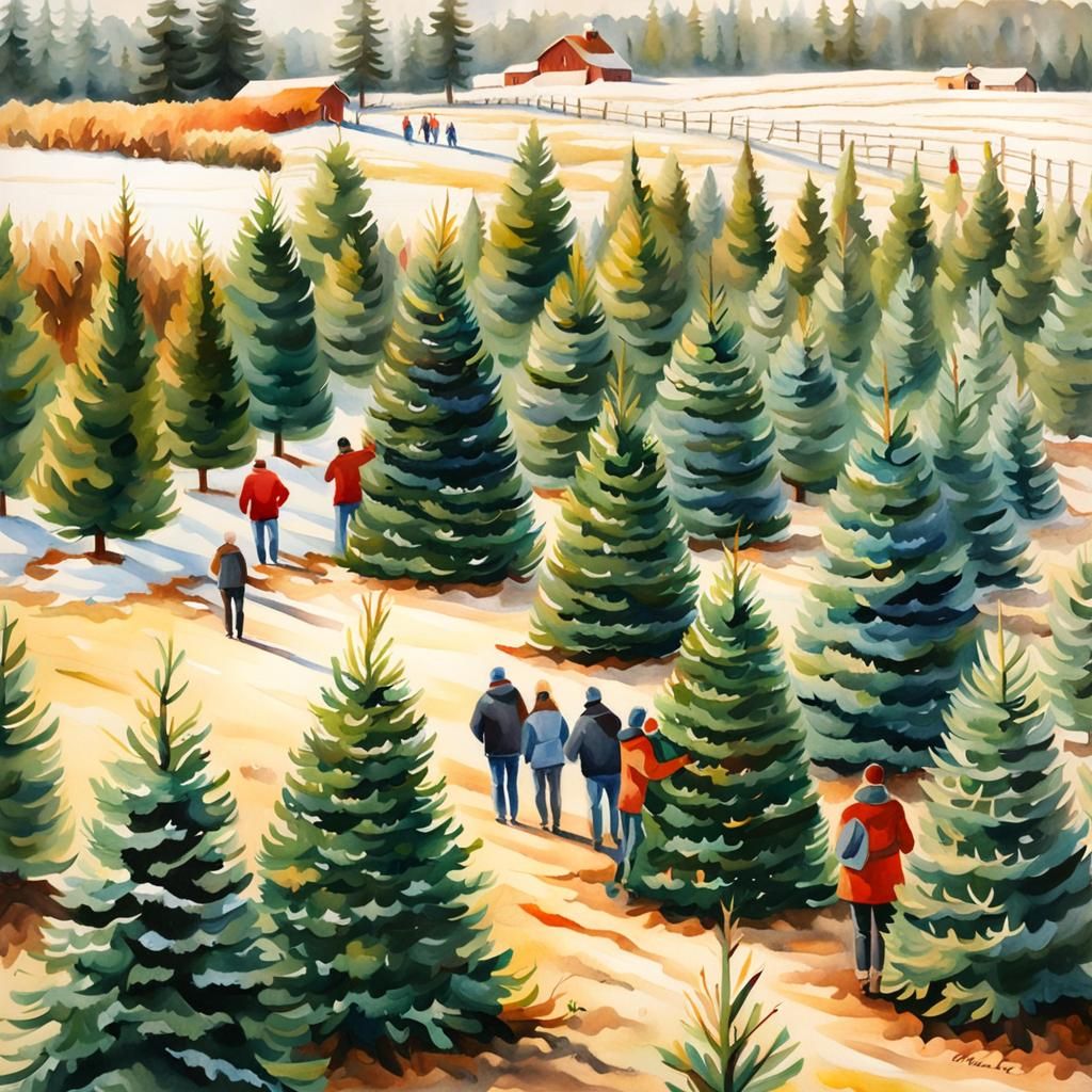 Festive Christmas Tree Farm in Hyperrealistic Oil Painting