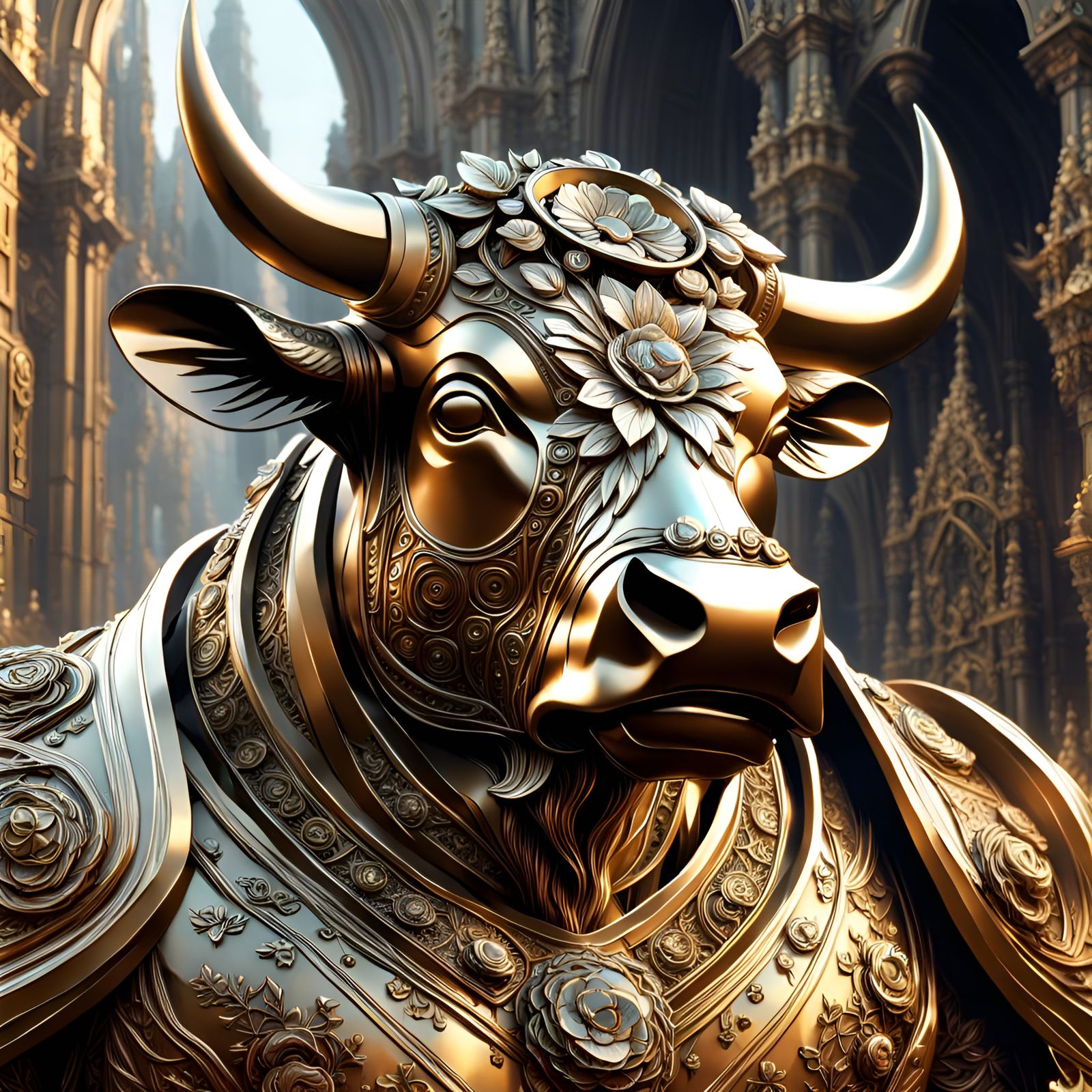 Crystallized Bronze Bull in Metallic Art Style