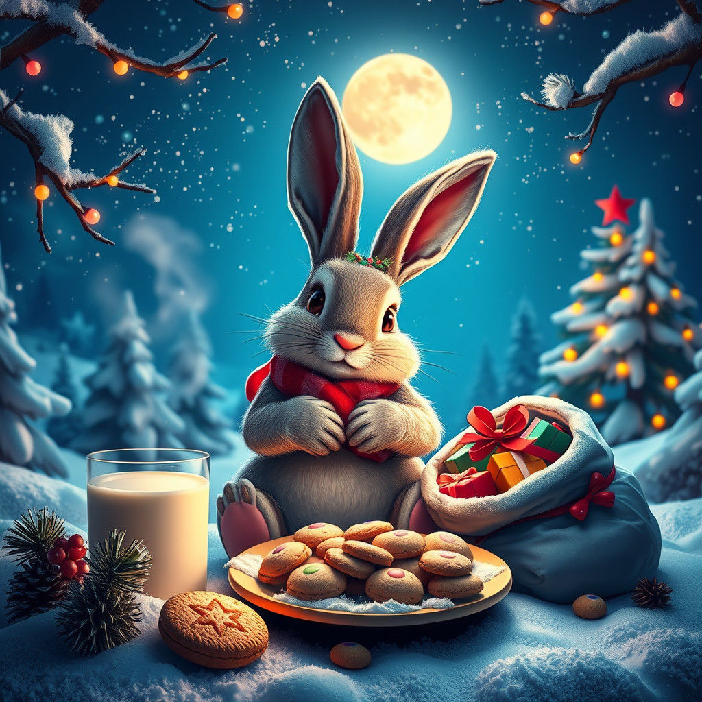 Whimsical Christmas Bunny in Winter Wonderland