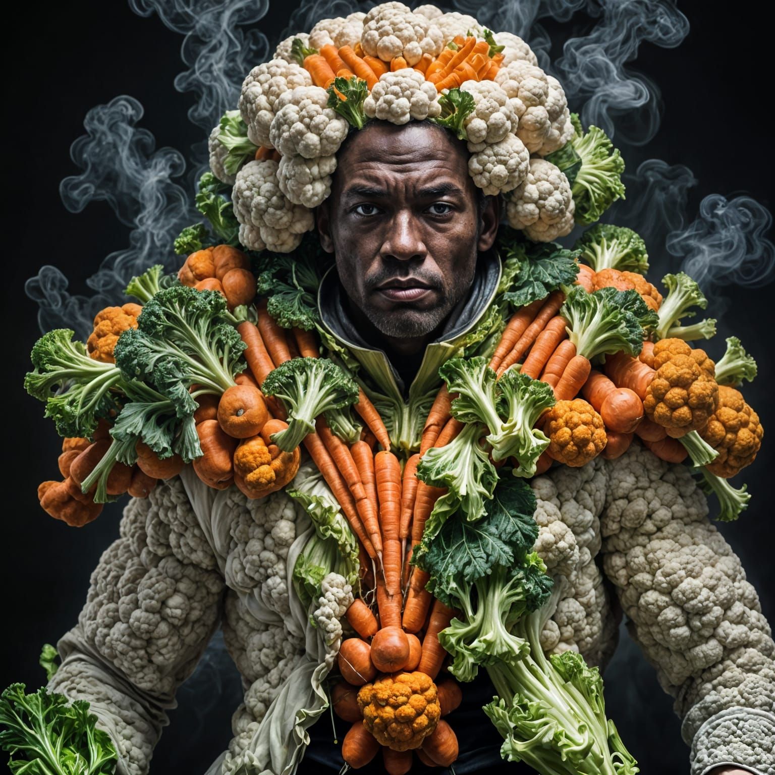 Powerful Man Adorned in Cauliflower and Carrot Clothing