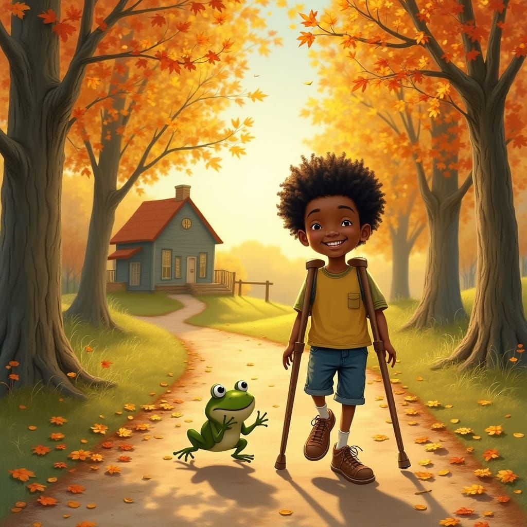 A Young Boy Walks with his Frog Friend Down a Whimsical Autu...