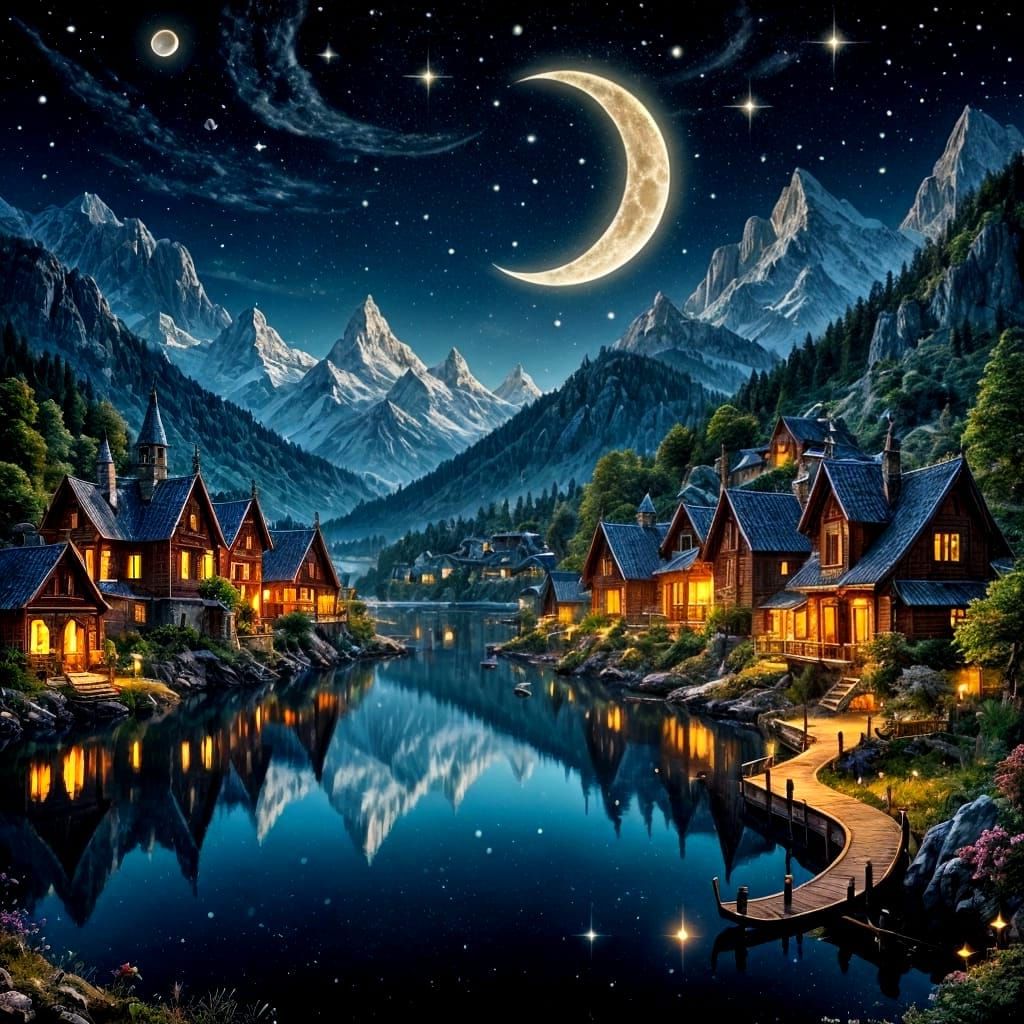 Crescent Moon Village in Starry Night Scene