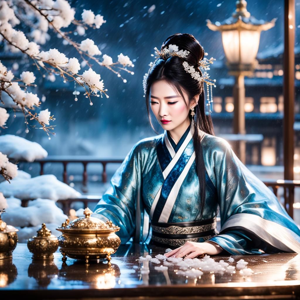 Ethereal Chinese General Contemplates Blossoming Ice Roses
