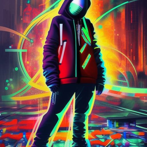 Teenager in Cyberpunk Clothes as Graffiti Art