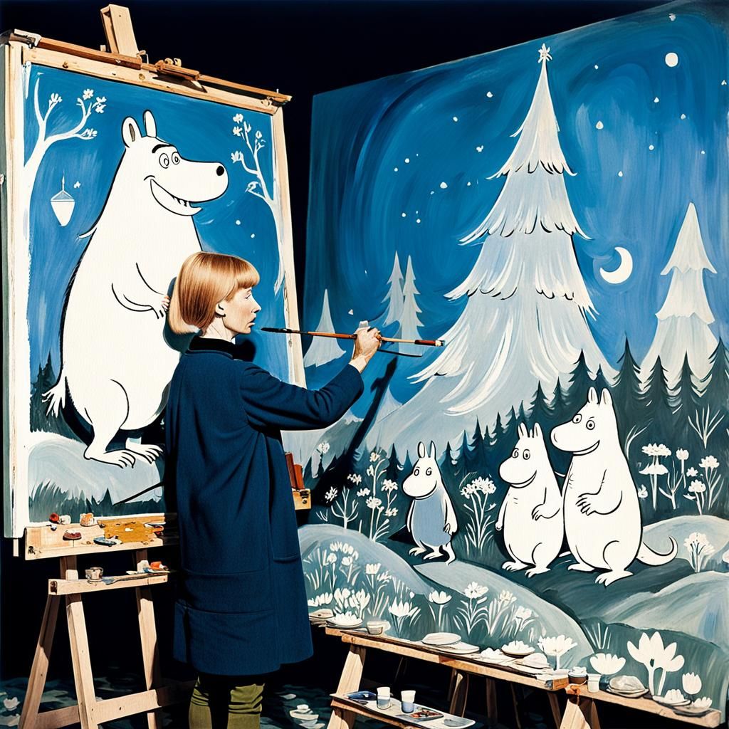 Tove Jansson adding final touches to a painting of moomins