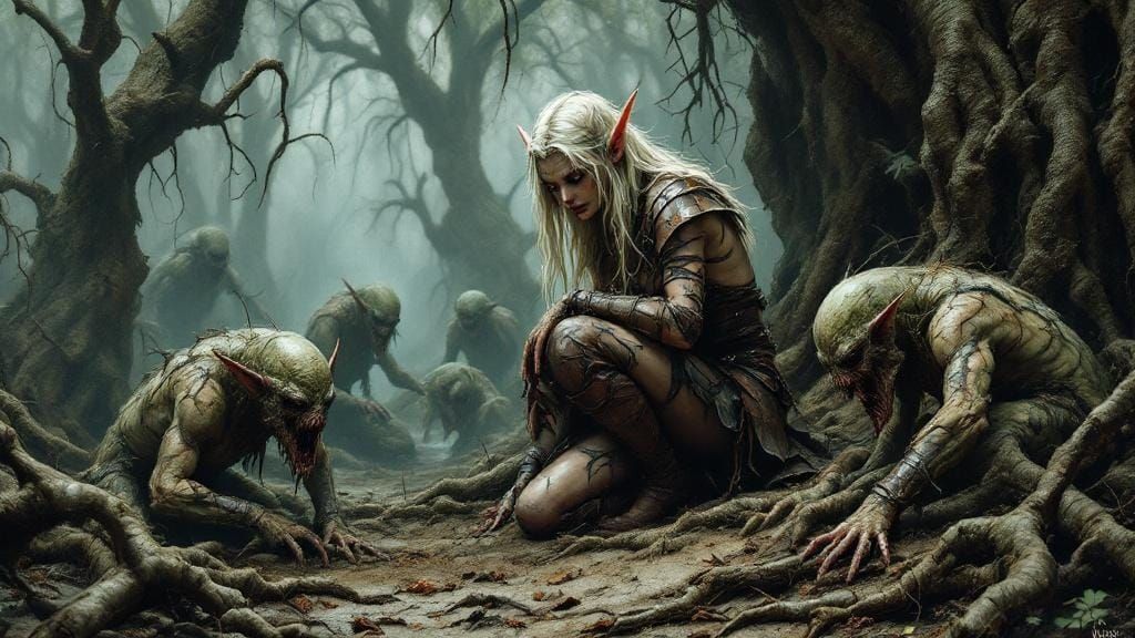 Captured Elf in a Dark Fantasy Forest